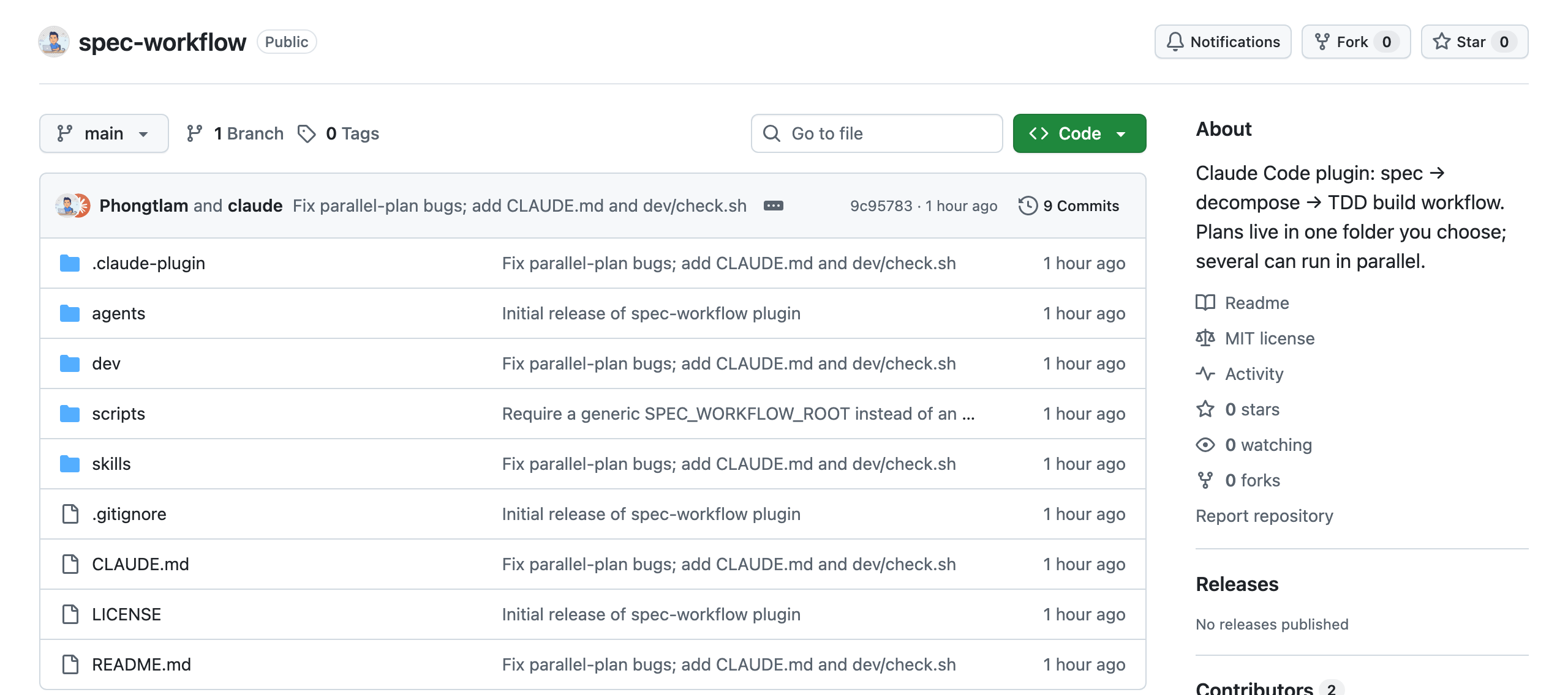 The spec-workflow repository on GitHub, showing the agents, skills, scripts and dev folders, CLAUDE.md, the MIT license and README, and the description: Claude Code plugin, spec to decompose to TDD build workflow, plans live in one folder you choose, several can run in parallel