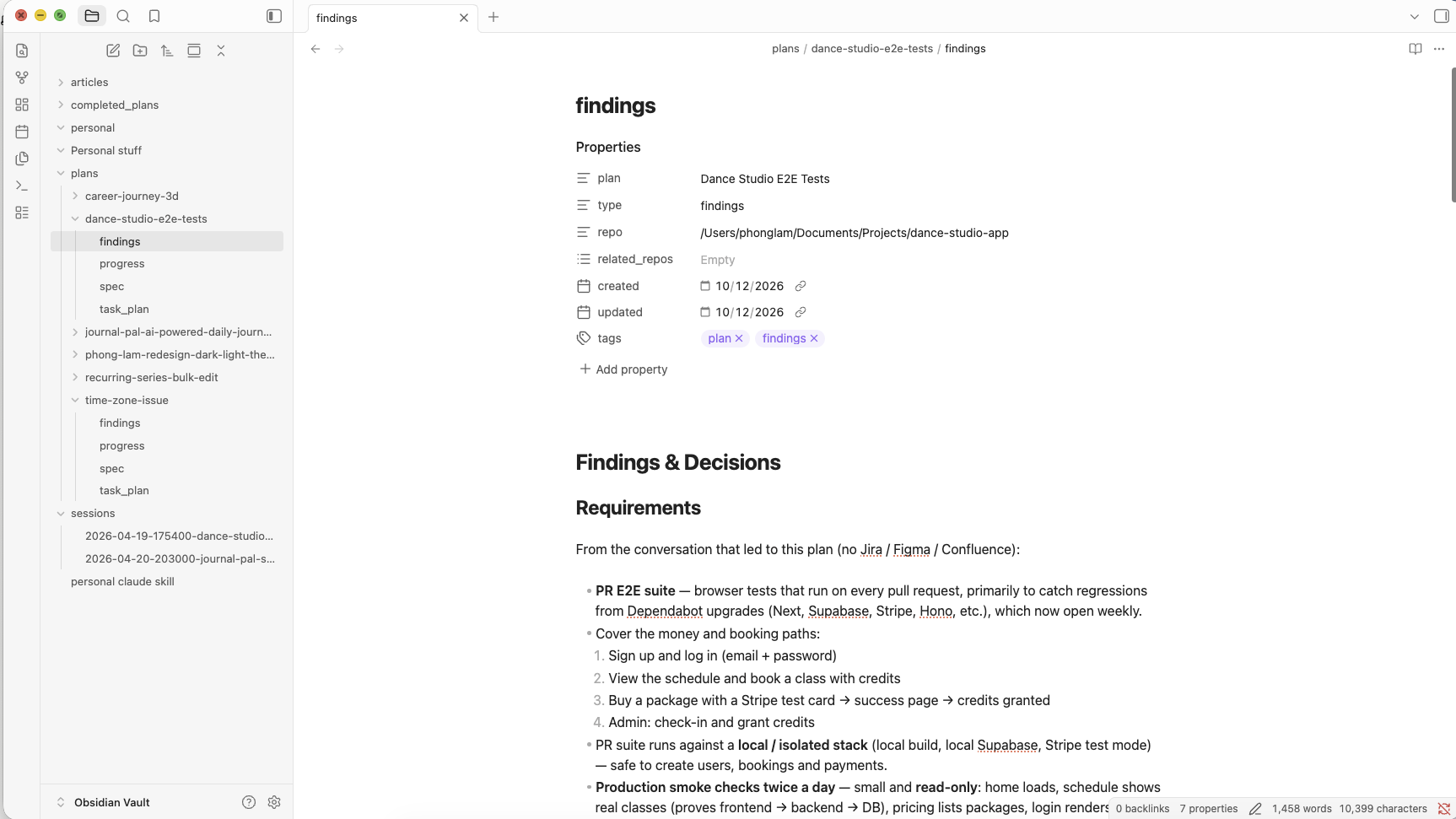 My Obsidian vault in light mode, with one folder per plan under plans, each holding findings, progress, spec and task_plan, and the plan's frontmatter shown as properties